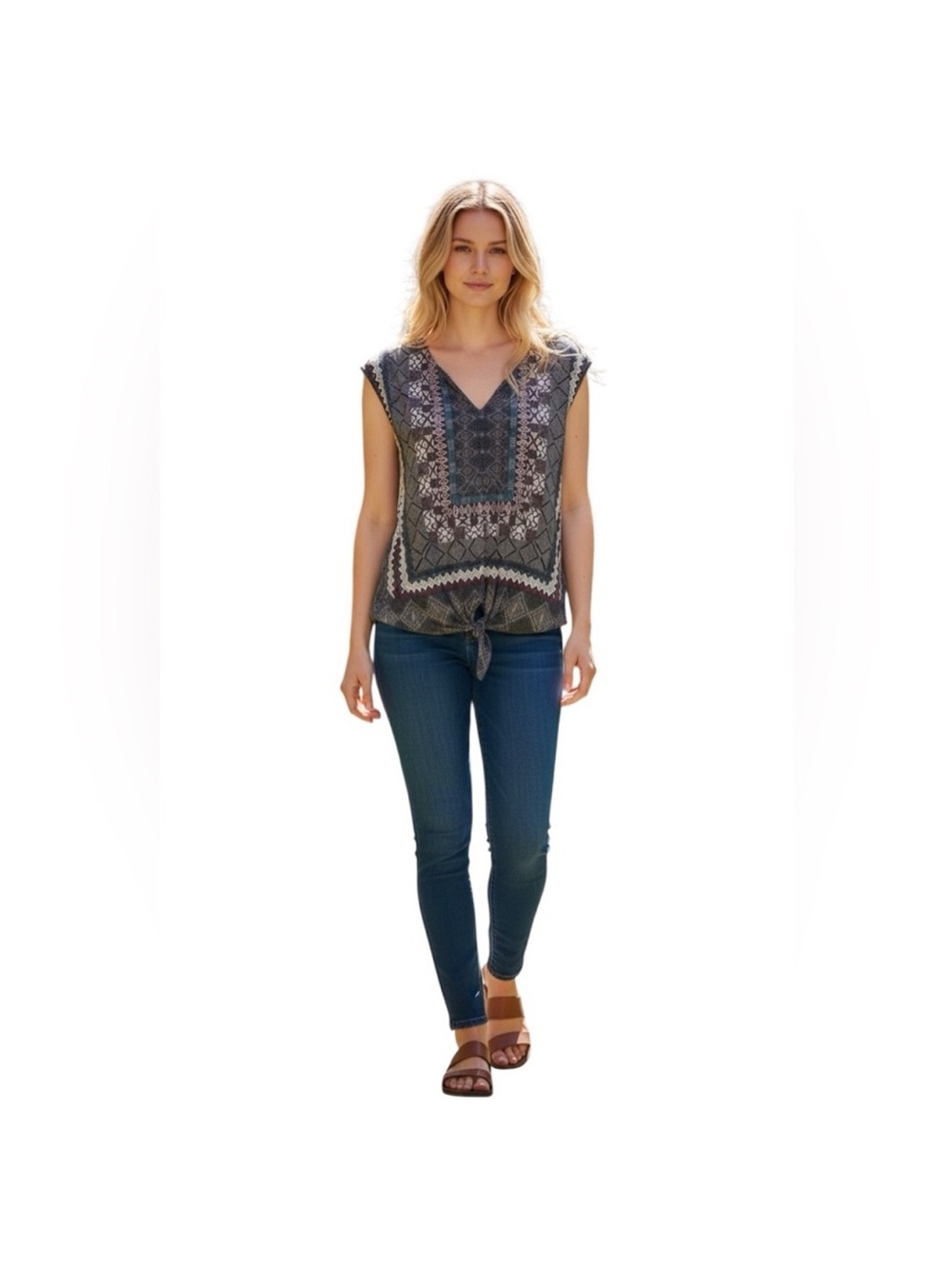 Lucky Brand Women’s Multi Colored Geometric Tie-Front Cap Sleeve Top